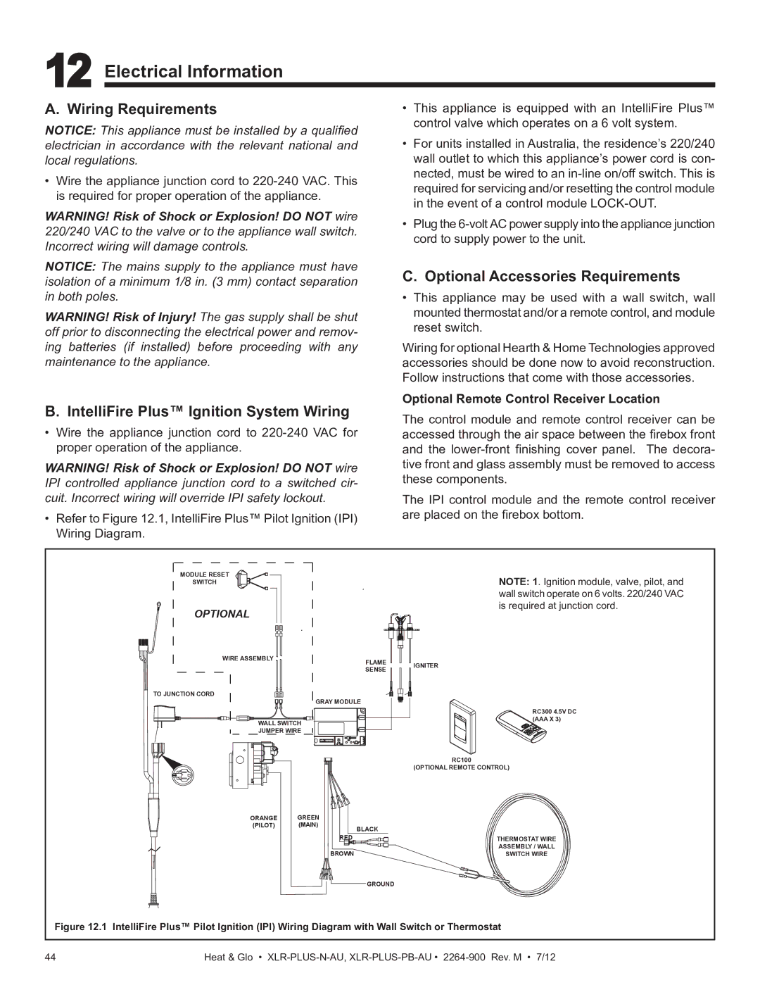 Heat & Glo LifeStyle XLR-PLUS-PB-AU Electrical Information, Wiring Requirements, IntelliFire Plus Ignition System Wiring 