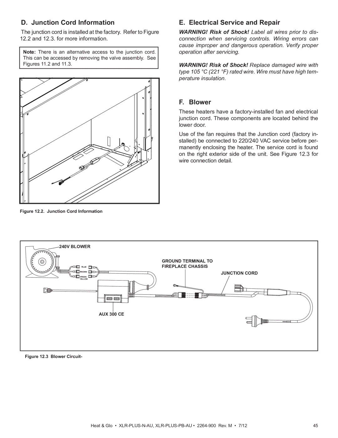 Heat & Glo LifeStyle XLR-PLUS-N-AU, XLR-PLUS-PB-AU manual Junction Cord Information, Electrical Service and Repair Blower 