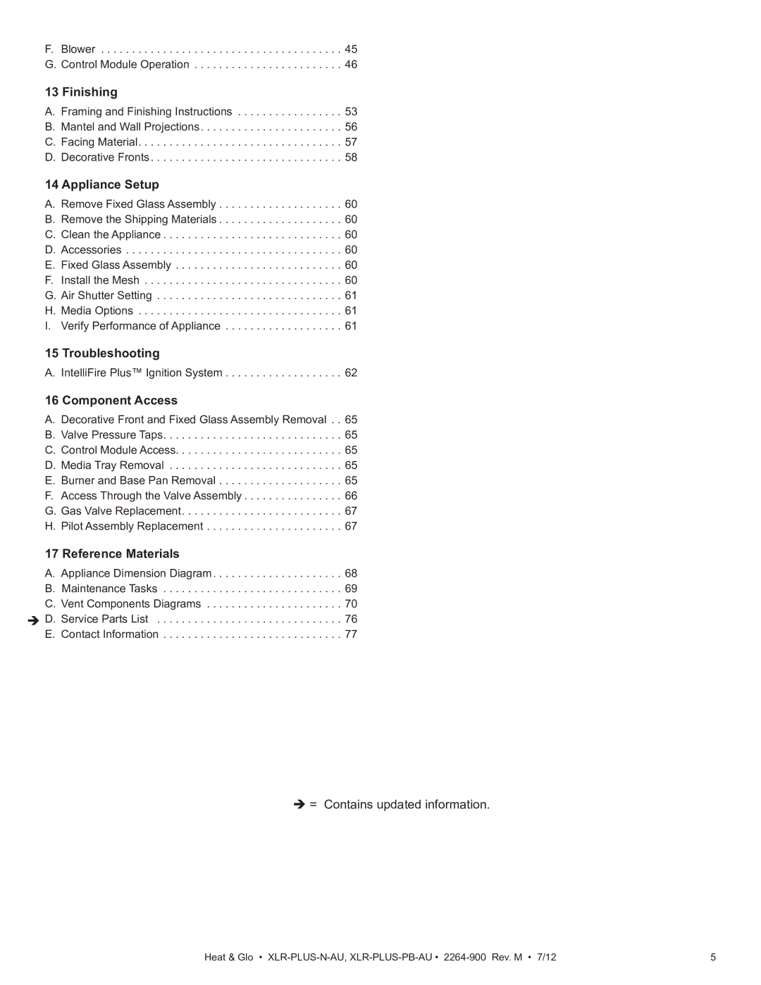 Heat & Glo LifeStyle XLR-PLUS-N-AU Finishing, Appliance Setup, Troubleshooting, Component Access, Reference Materials 
