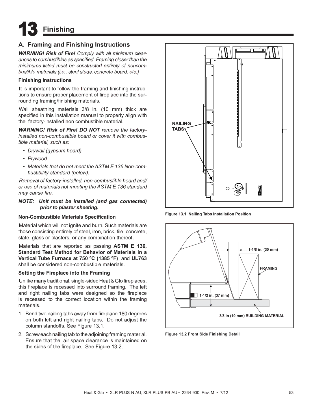 Heat & Glo LifeStyle XLR-PLUS-N-AU manual Framing and Finishing Instructions, Non-Combustible Materials Specification 