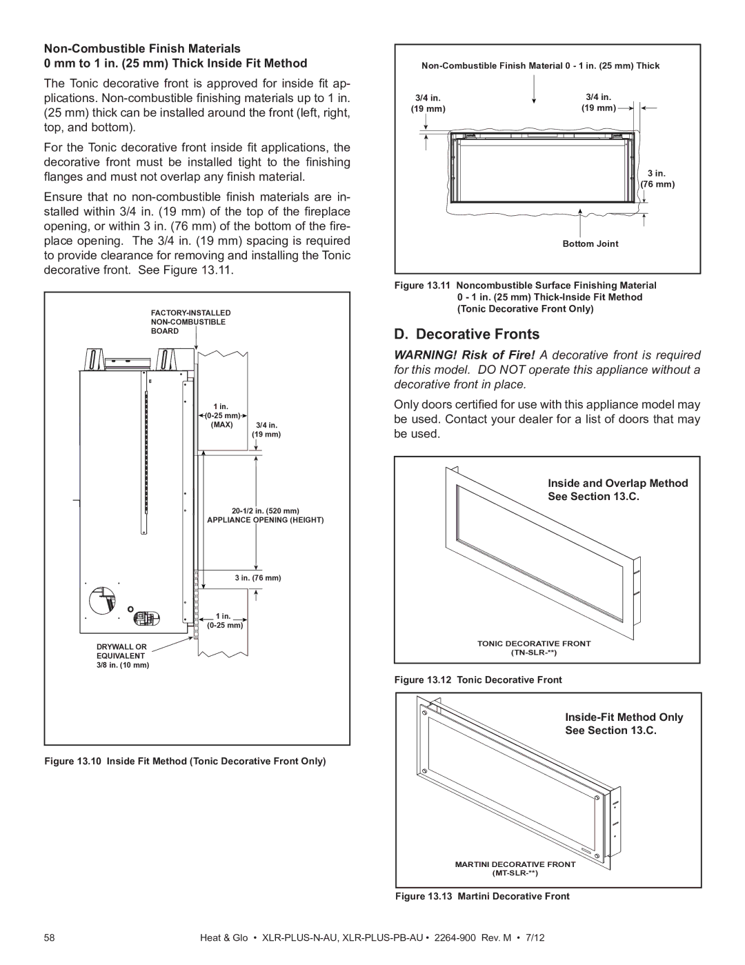 Heat & Glo LifeStyle XLR-PLUS-PB-AU, XLR-PLUS-N-AU manual Decorative Fronts, Inside and Overlap Method See .C 