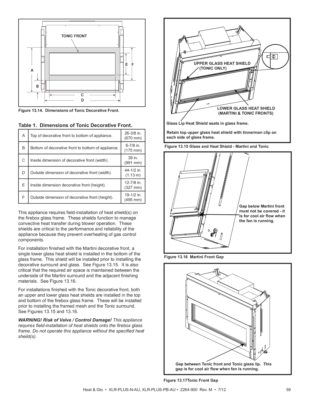 Heat & Glo LifeStyle XLR-PLUS-N-AU, XLR-PLUS-PB-AU manual Dimensions of Tonic Decorative Front, See Figures 13.15 