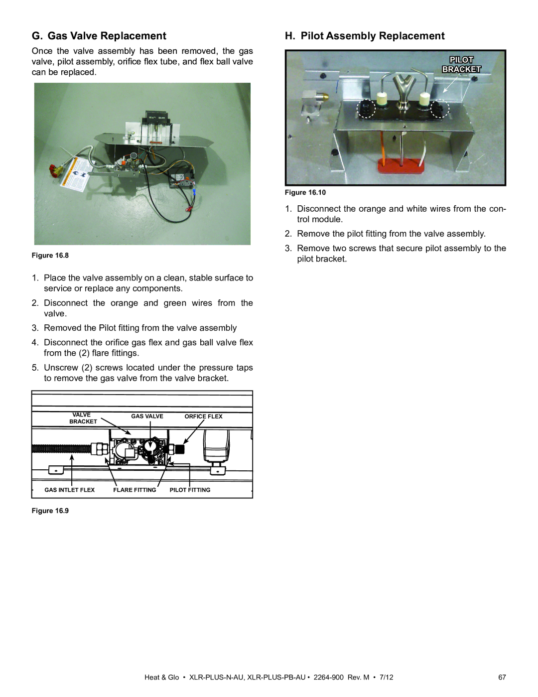 Heat & Glo LifeStyle XLR-PLUS-N-AU, XLR-PLUS-PB-AU manual Gas Valve Replacement, Pilot Assembly Replacement 