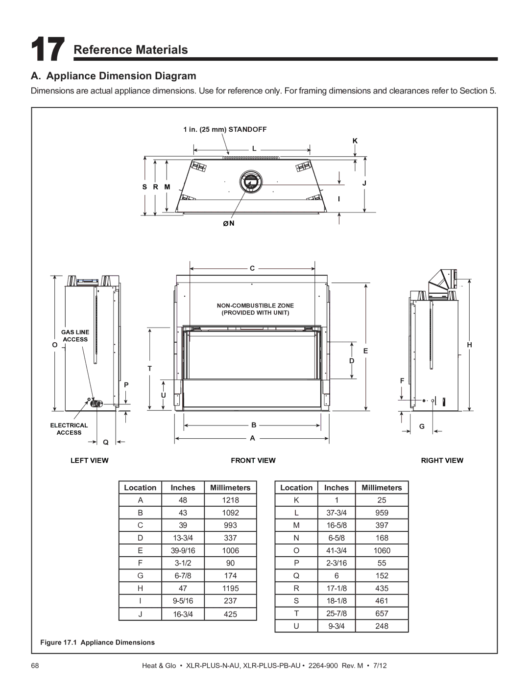 Heat & Glo LifeStyle XLR-PLUS-PB-AU, XLR-PLUS-N-AU manual Reference Materials, Appliance Dimension Diagram 