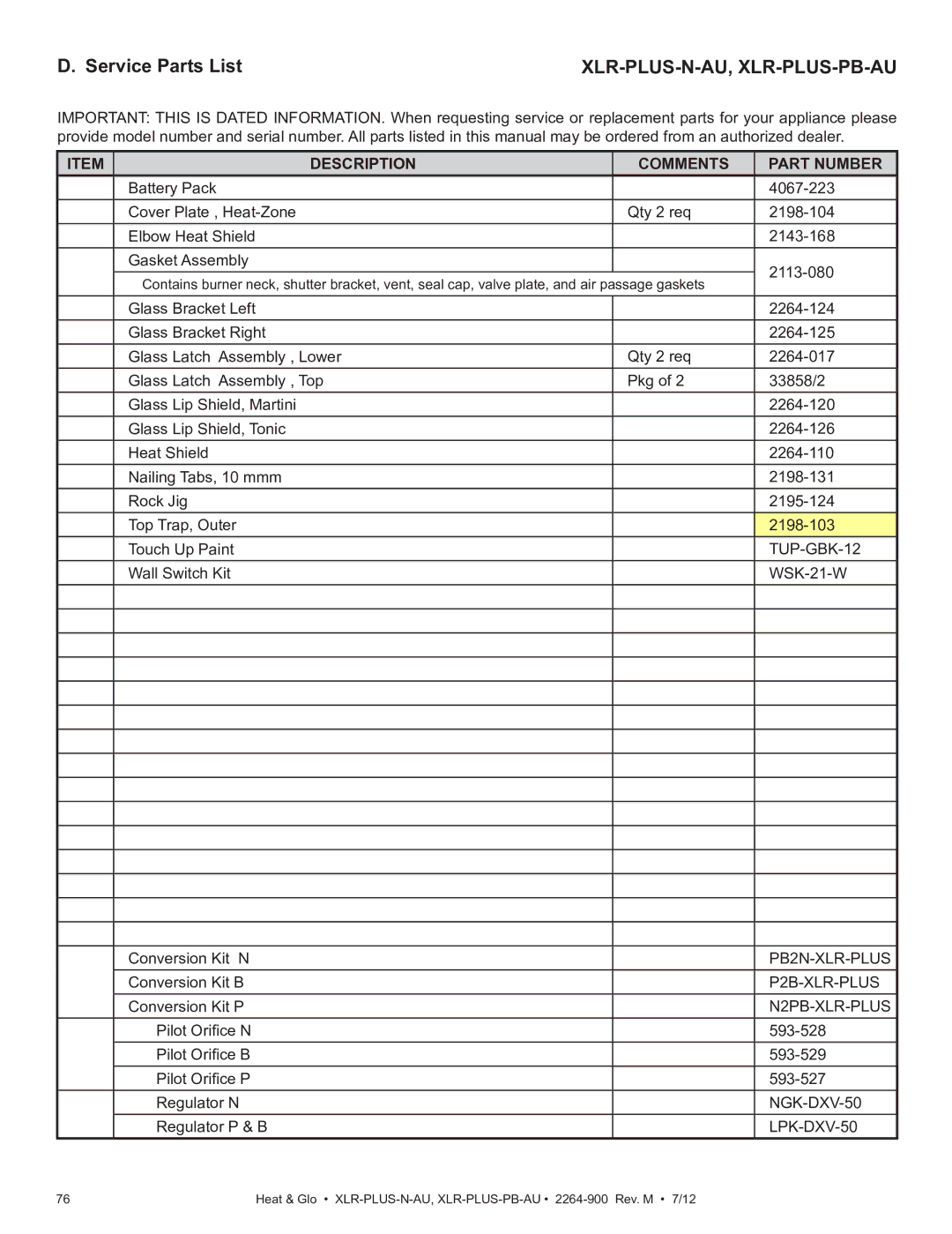 Heat & Glo LifeStyle XLR-PLUS-PB-AU, XLR-PLUS-N-AU manual Service Parts List, Xlr-Plus-N-Au, Xlr-Plus-Pb-Au 