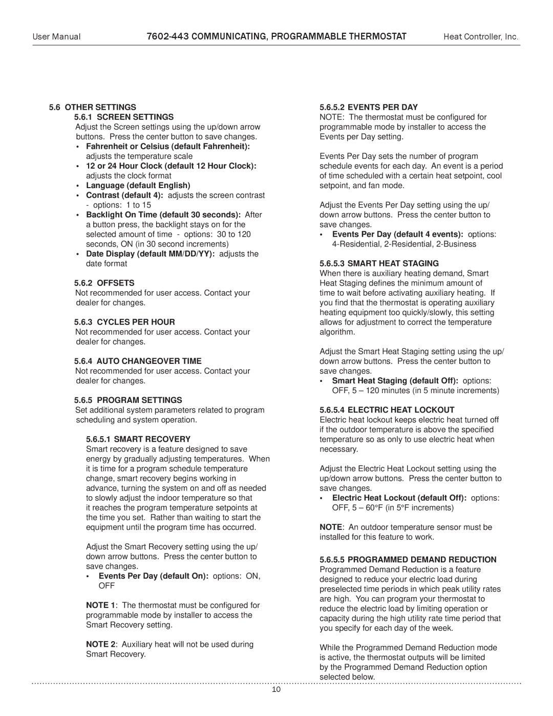 Heat Controller 7602-443 Other Settings Screen Settings, Offsets, Cycles PER Hour, Auto Changeover Time, Program Settings 