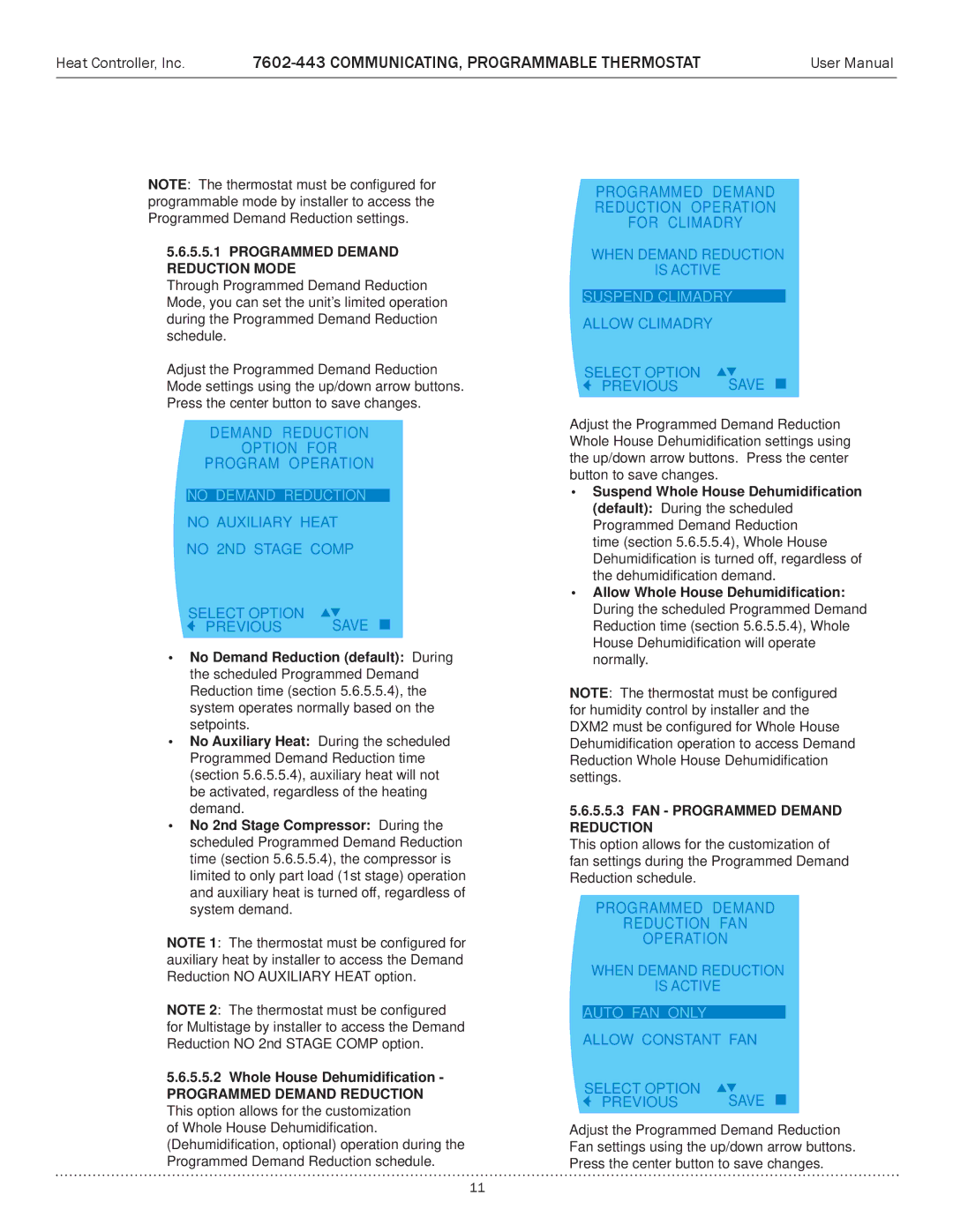 Heat Controller 7602-443 Demand Reduction Option for Program Operation, Programmed Demand Reduction Operation For Climadry 
