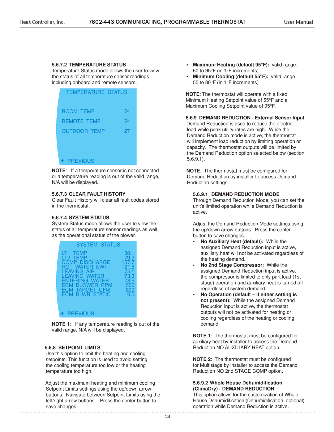 Heat Controller 7602-443 user manual Temperature Status 