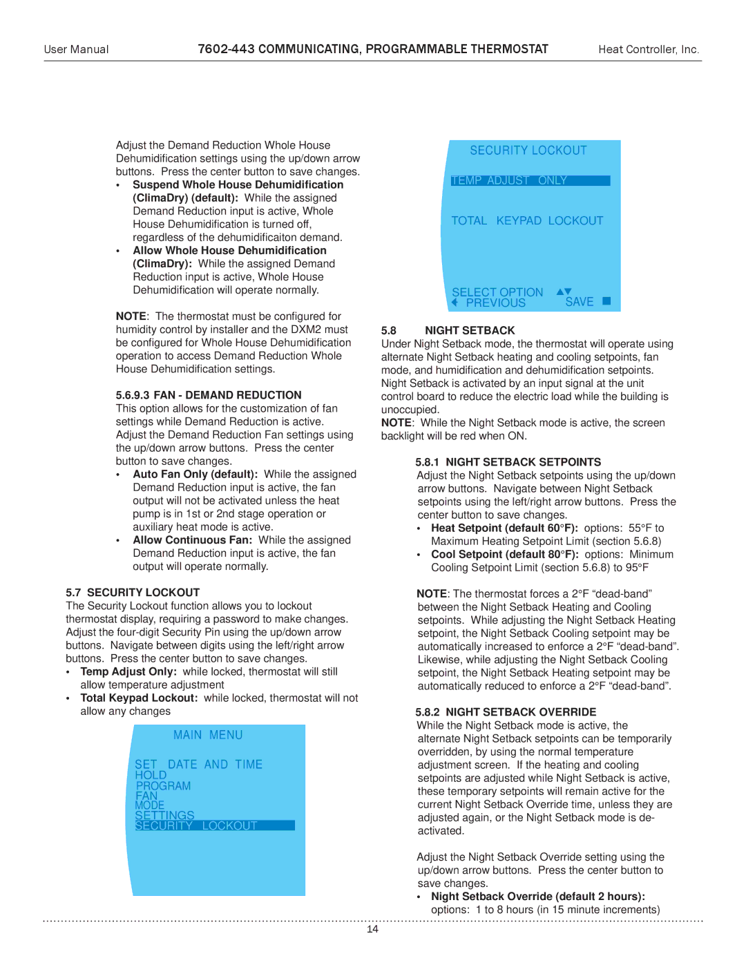 Heat Controller 7602-443 user manual Main Menu SET Date and Time Hold Program FAN Mode Settings, Security Lockout 