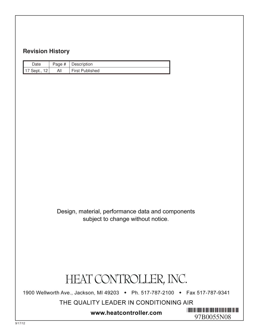 Heat Controller 7602-443 user manual Revision History 