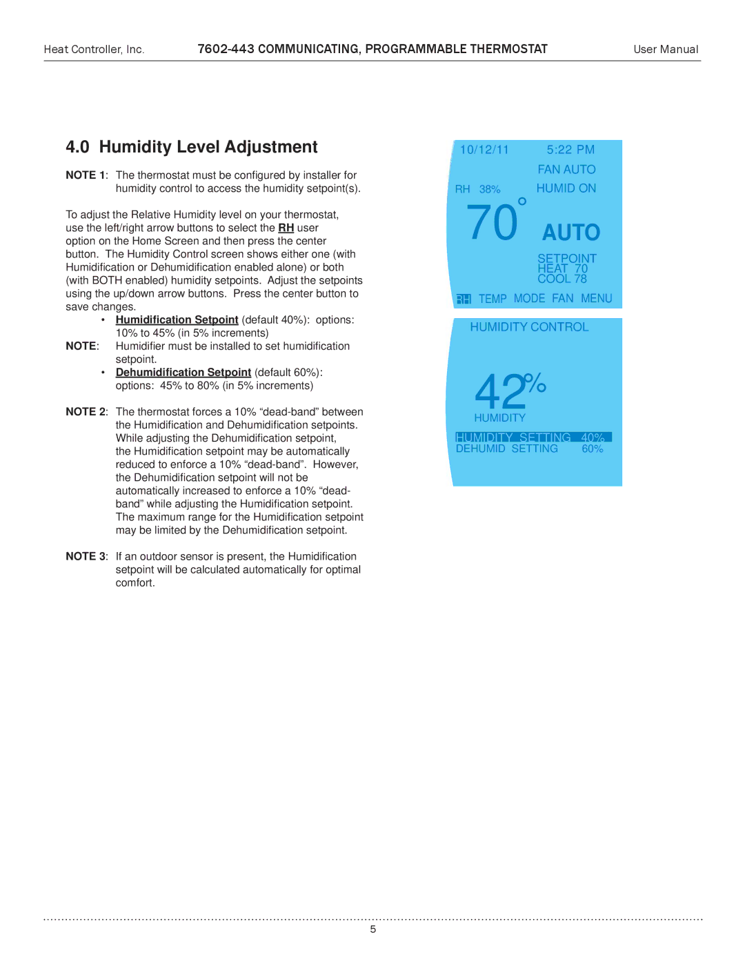 Heat Controller 7602-443 user manual Humidity Level Adjustment, Setpoint Heat Cool RH Temp Mode FAN Menu Humidity Control 