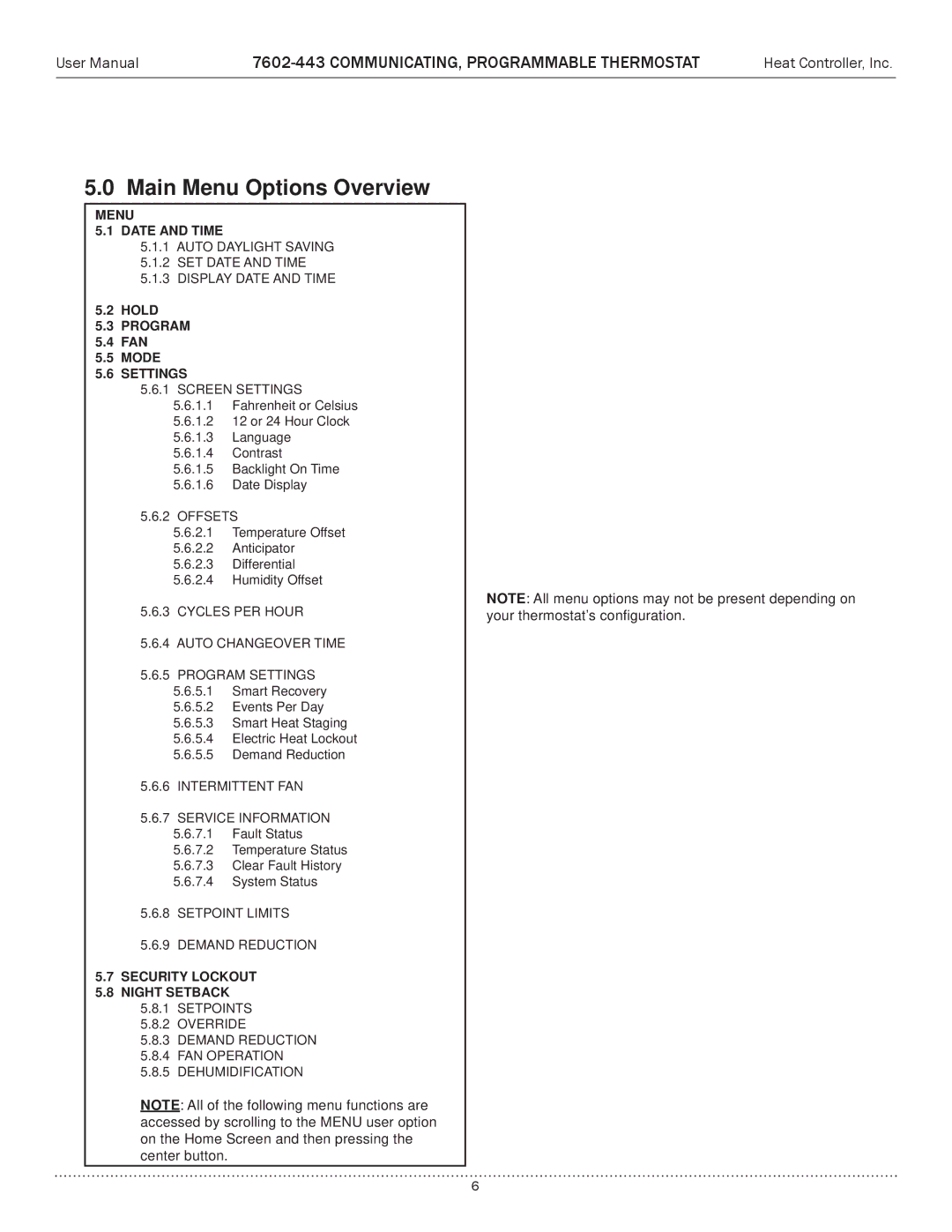 Heat Controller 7602-443 user manual Main Menu Options Overview, Settings 