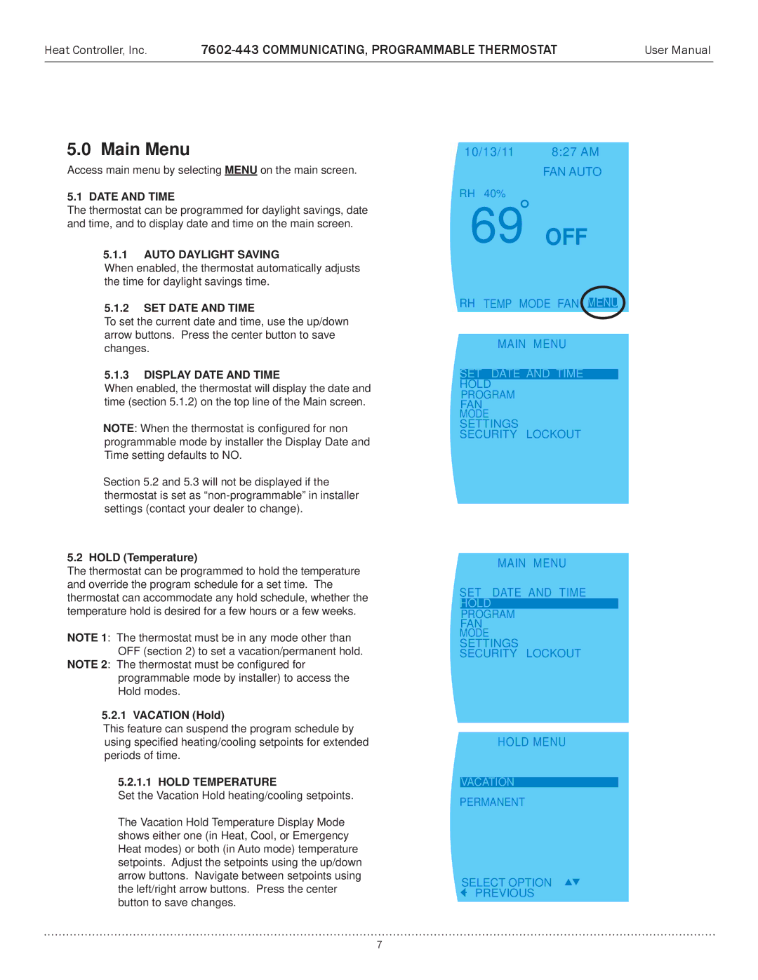 Heat Controller 7602-443 user manual RH Temp Mode FAN Menu Main Menu, Main Menu SET Date and Time, Hold Menu 