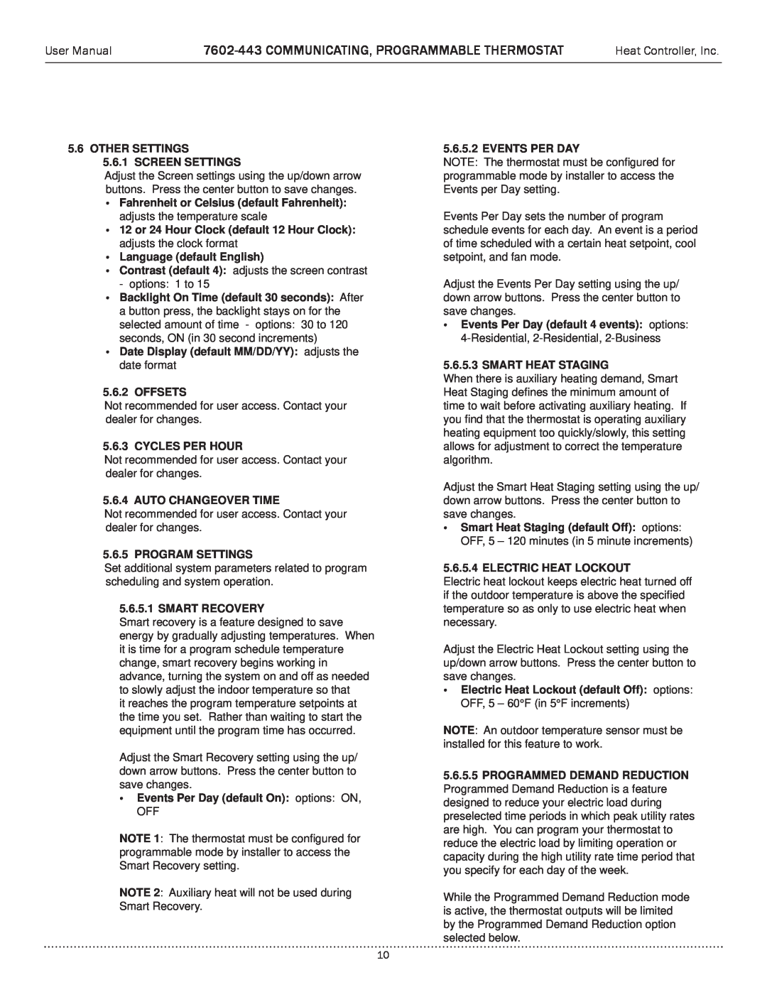 Heat Controller user manual 7602-443COMMUNICATING, PROGRAMMABLE THERMOSTAT, Heat Controller, Inc 