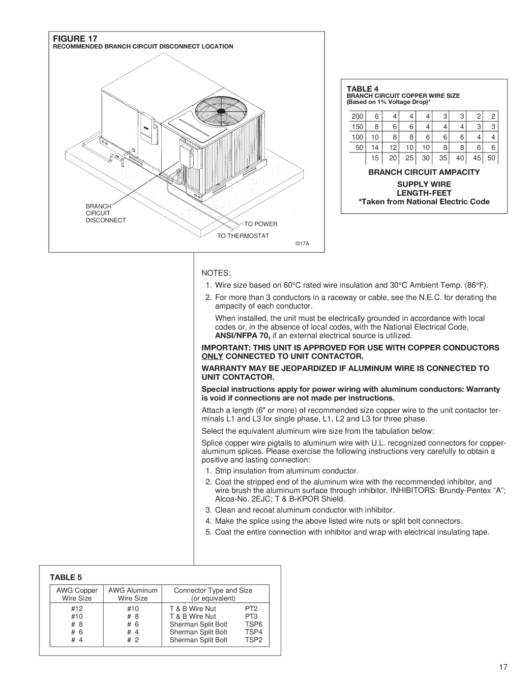 Heat Controller A-13 Branch Circuit Ampacity Supply Wire LENGTH-FEET, Recommended Branch Circuit Disconnect Location 