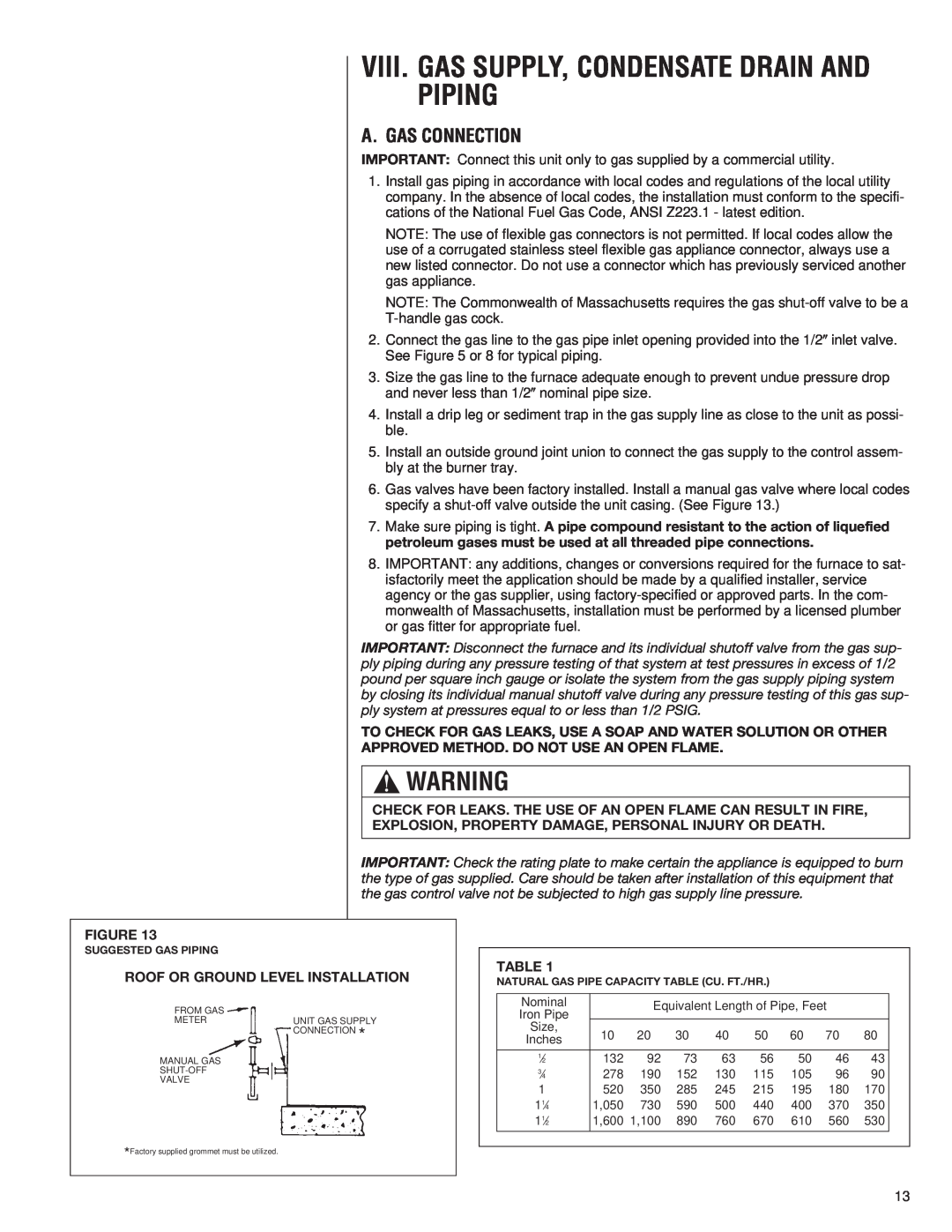 Heat Controller A-13 installation instructions Viii. Gas Supply, Condensate Drain And Piping, A. Gas Connection 