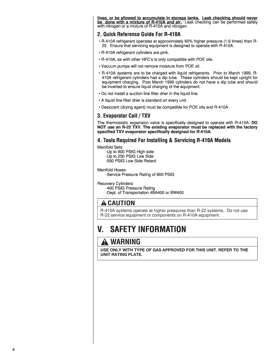 Heat Controller A-13 V. Safety Information, Quick Reference Guide For R-410A, Evaporator Coil / TXV 