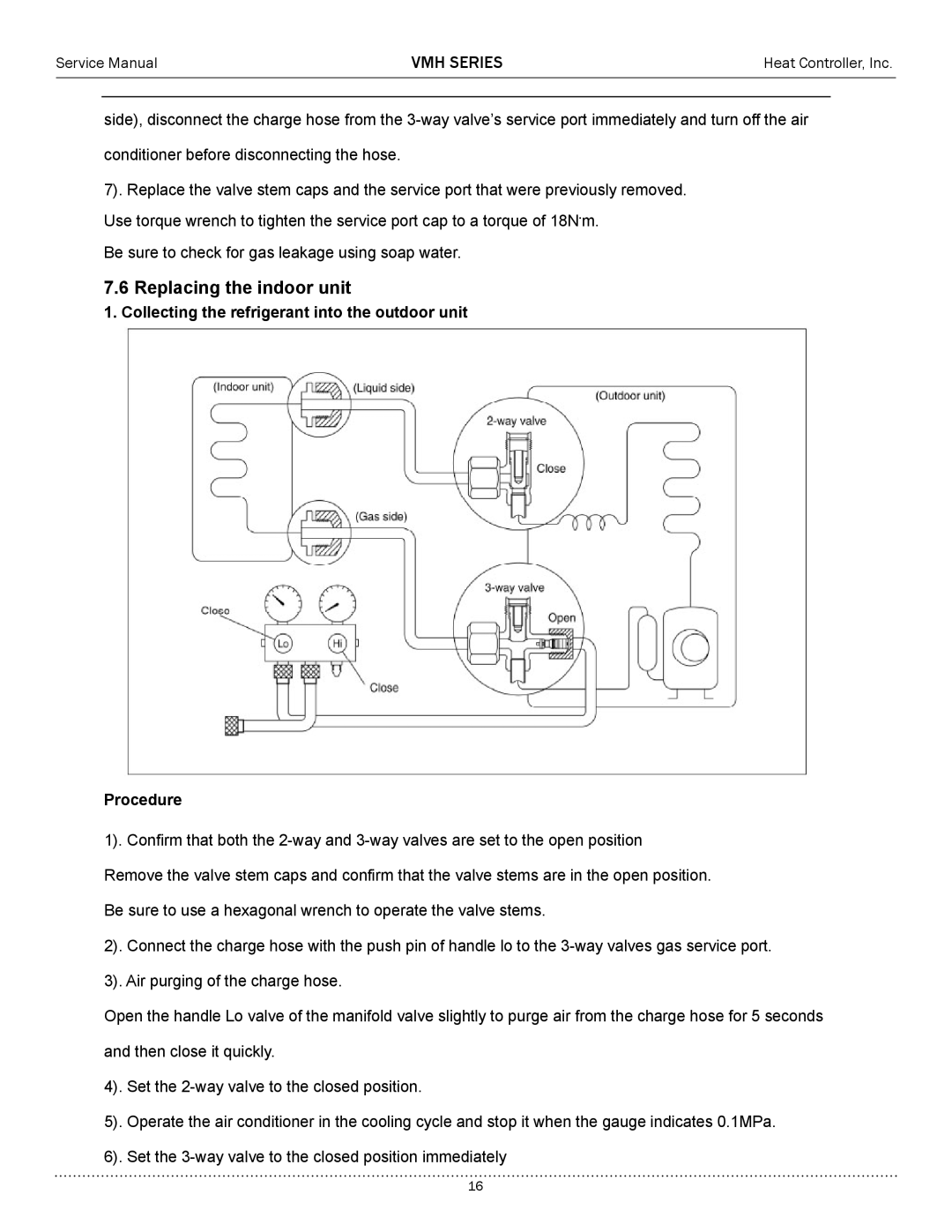 Heat Controller A-VMH27TC-1 Replacing the indoor unit, Collecting the refrigerant into the outdoor unit Procedure 