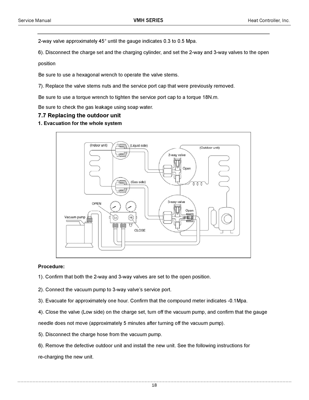 Heat Controller A-VMH36QC-1, A-VMH27TC-1, A-VMH18DC-1 Replacing the outdoor unit, Evacuation for the whole system Procedure 