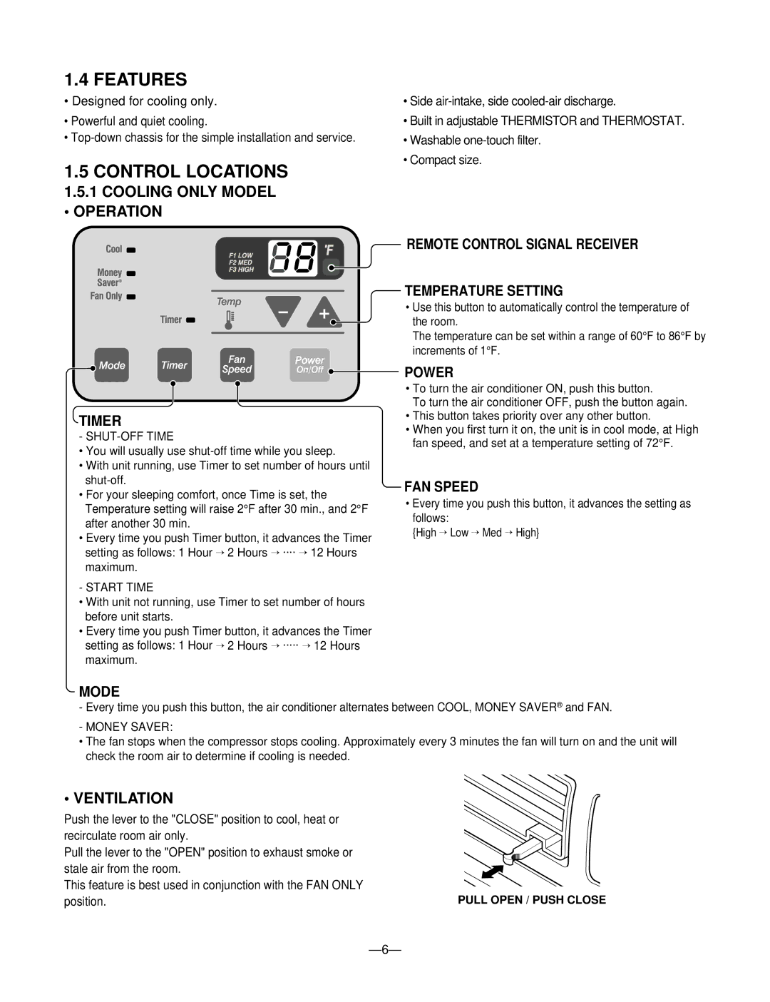 Heat Controller BD-123, BD-101, BDE-103 Features, Control Locations, Cooling only Model Operation, Ventilation, Position 