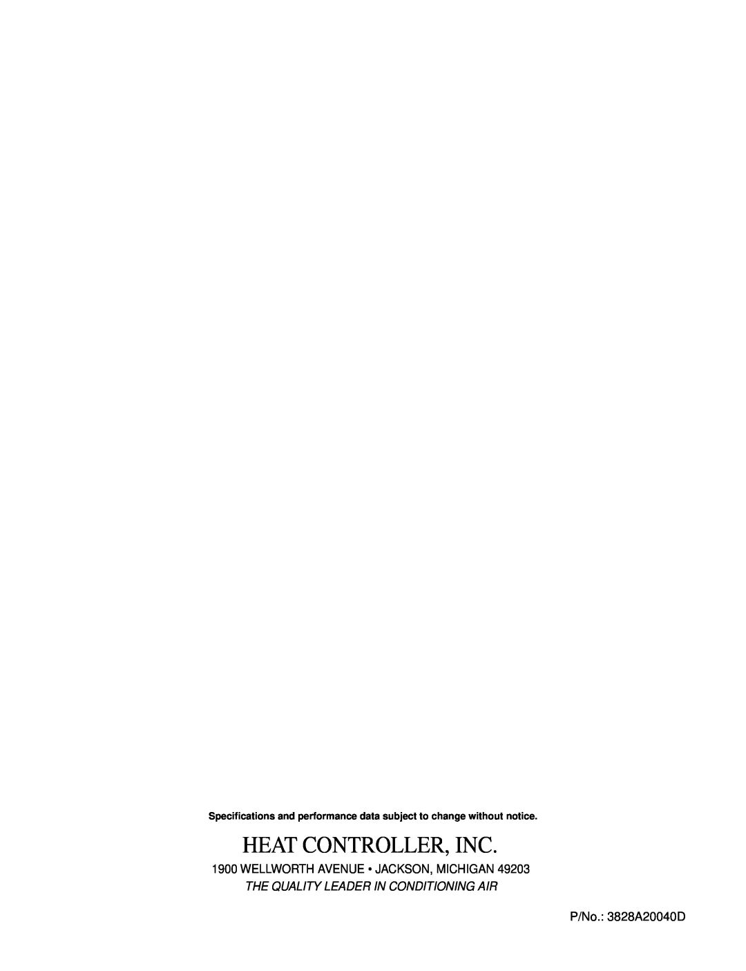 Heat Controller BD-101 Heat Controller, Inc, Wellworth Avenue Jackson, Michigan, The Quality Leader In Conditioning Air 