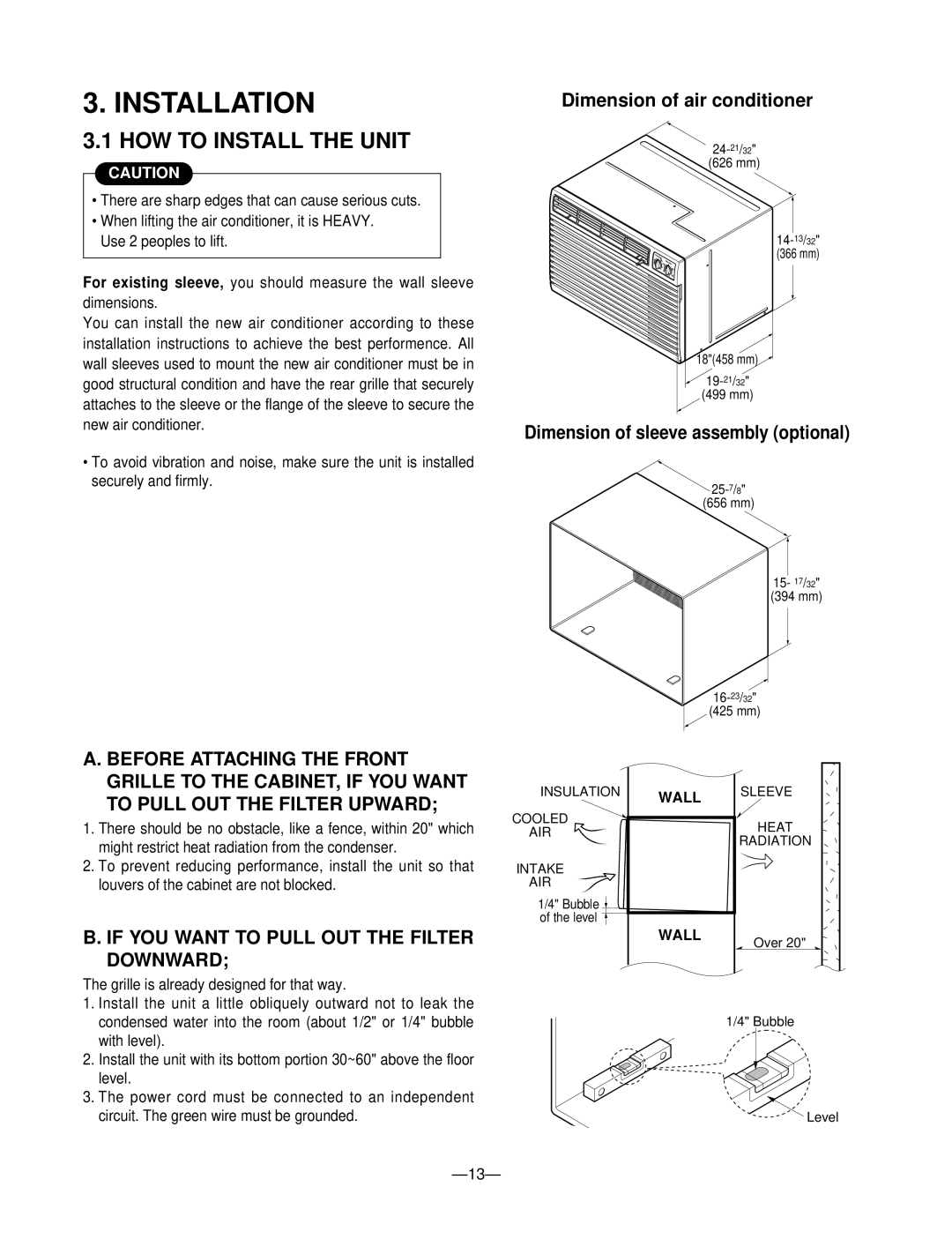 Heat Controller BDE-103-A HOW to Install the Unit, Dimension of air conditioner, Dimension of sleeve assembly optional 