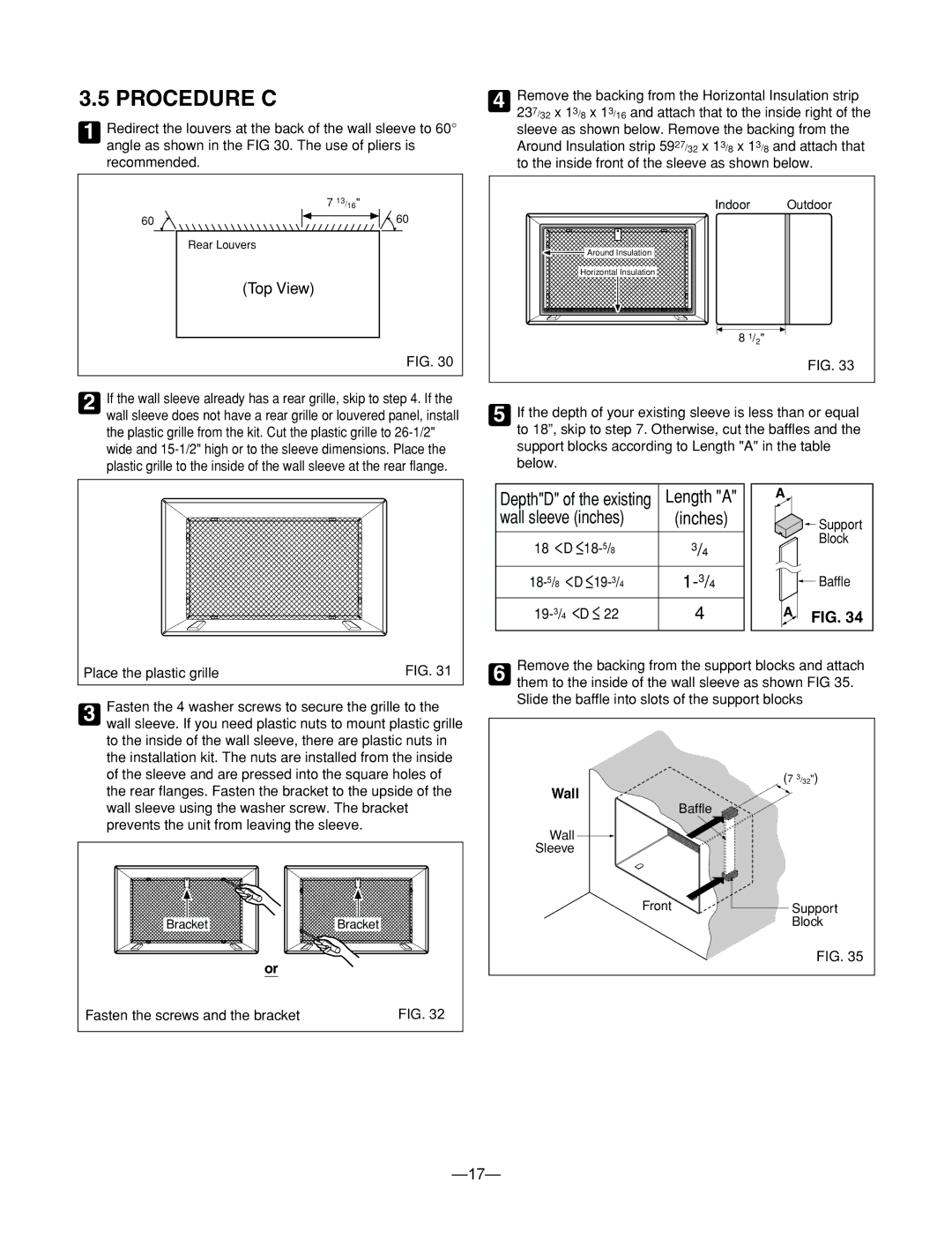 Heat Controller BG-103A service manual Procedure C, Wall sleeve inches 