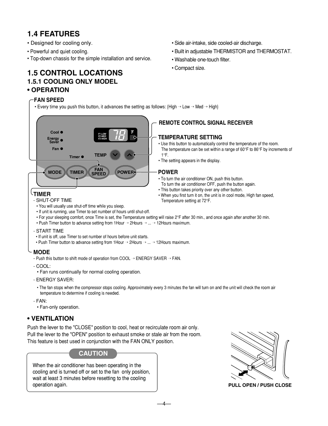 Heat Controller BG-103A service manual Features, Control Locations, Cooling only Model Operation, Ventilation 