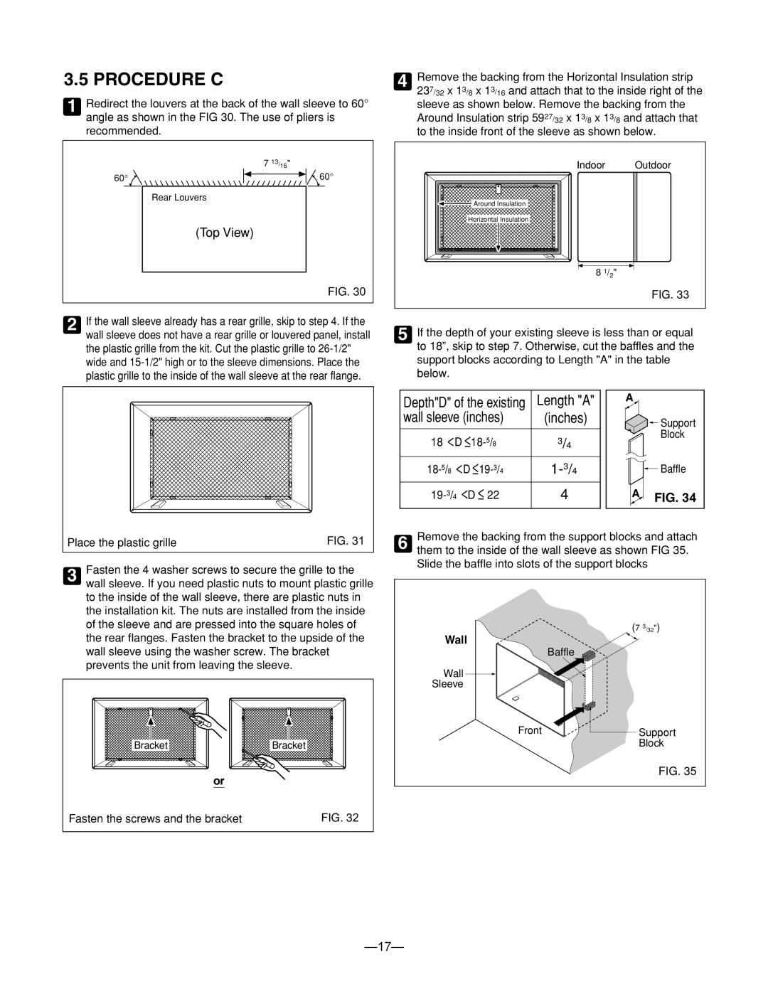 Heat Controller BG-103A service manual Procedure C, Afig, Length A, wall sleeve inches, 1-3/4, Wall 