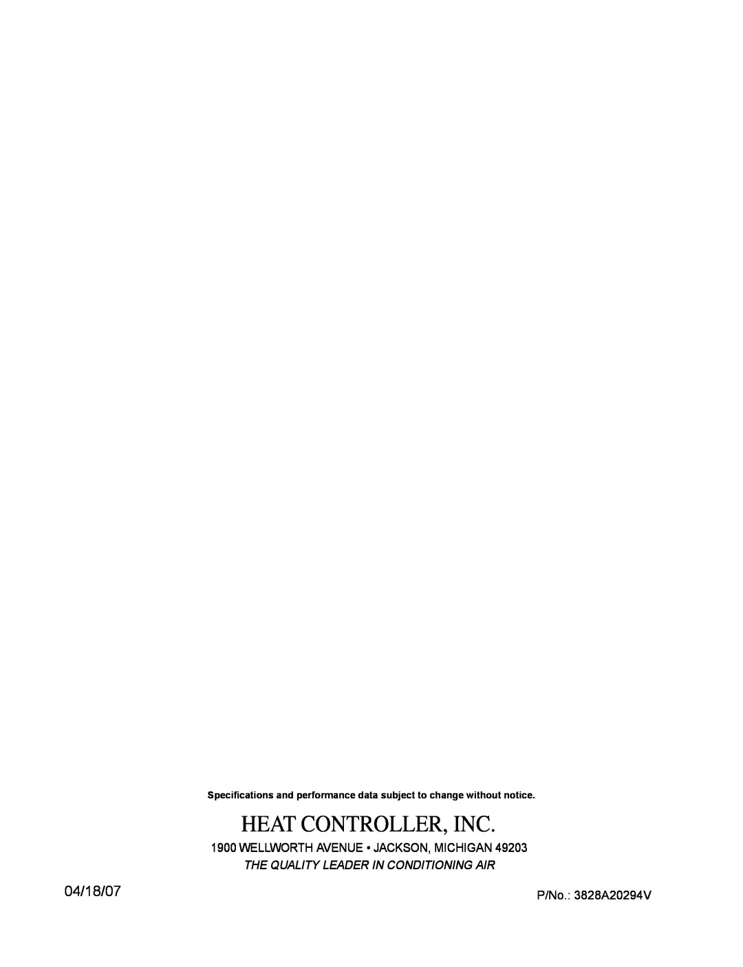 Heat Controller BG-101A, BG-81A P/No. 3828A20294V, Heat Controller, Inc, 04/18/07, The Quality Leader In Conditioning Air 