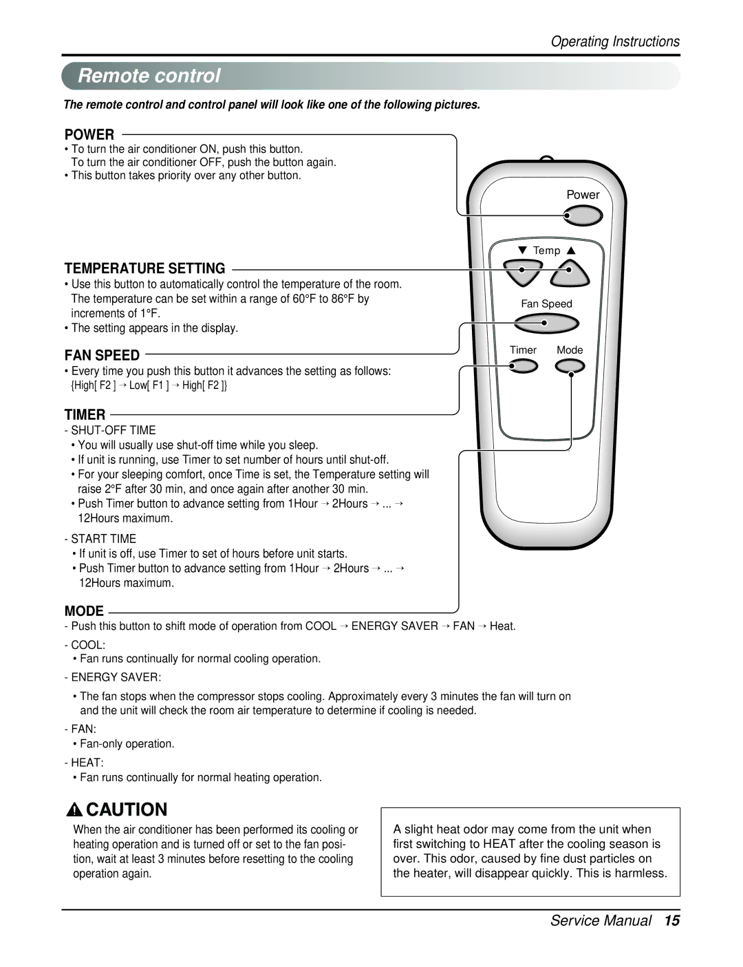 Heat Controller BGE-103A, BGE-123A service manual Remote control, Power, Temperature Setting, FAN Speed, Timer 