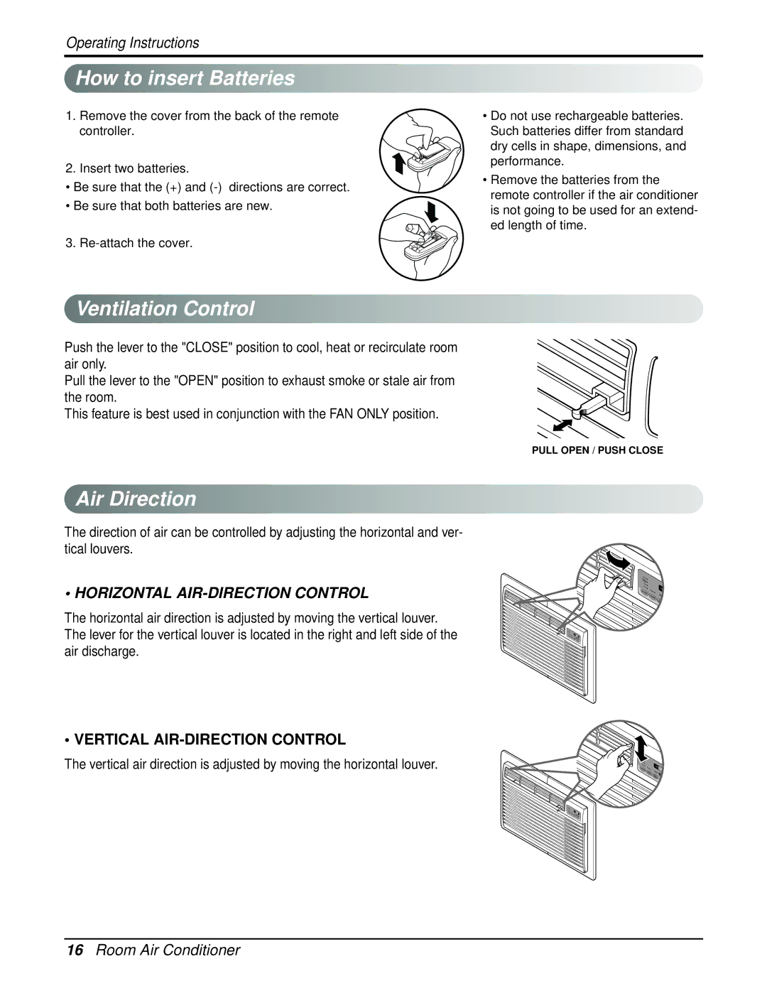 Heat Controller BGE-123A, BGE-103A How to insert Batteries, Ventilation Control, Vertical AIR-DIRECTION Control 