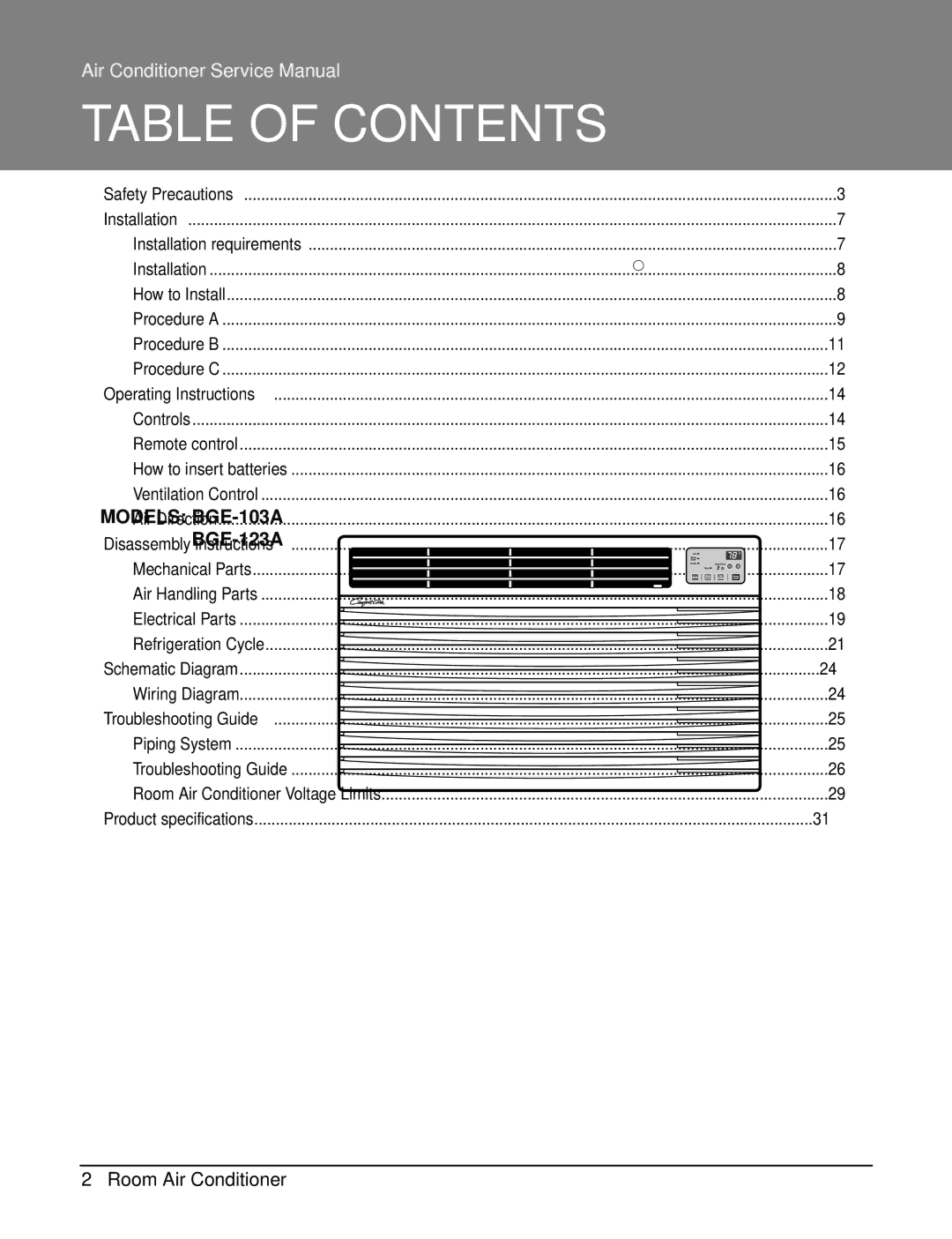 Heat Controller BGE-123A, BGE-103A service manual Table of Contents 