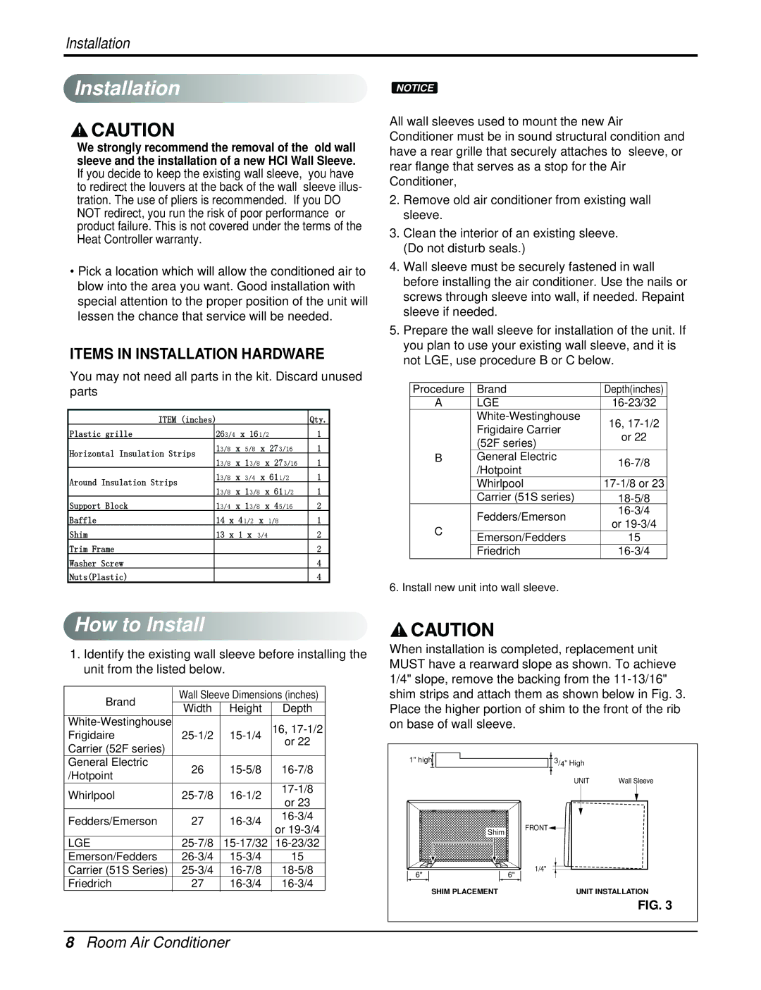 Heat Controller BGE-123A, BGE-103A service manual How to Install, Items in Installation Hardware 