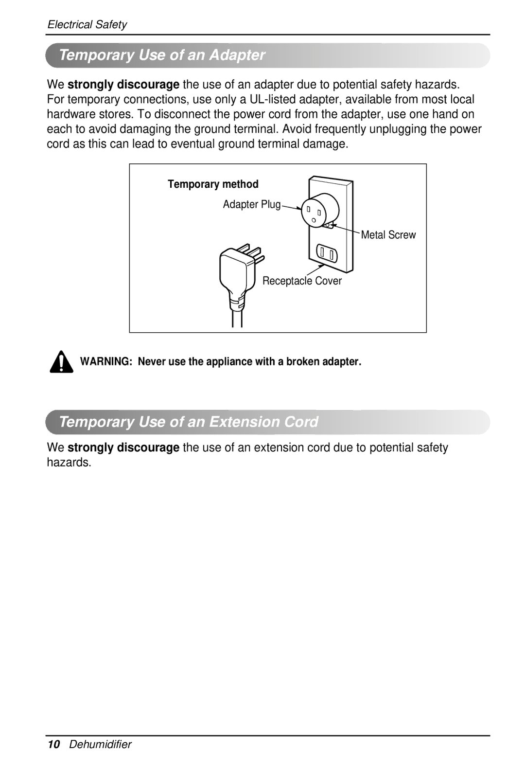 Heat Controller BHD-301 manual Temporary Use of an Adapter, Temporary Use of an Extension Cord 