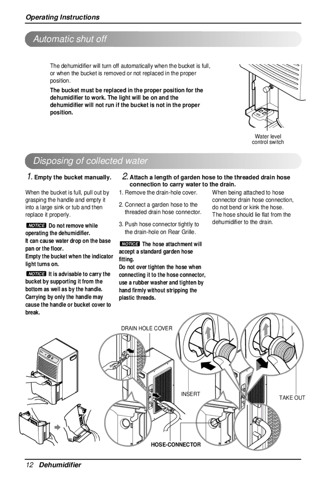 Heat Controller BHD-301 manual Automatic shut off, Disposing of collected water, Remove the drain-hole cover 