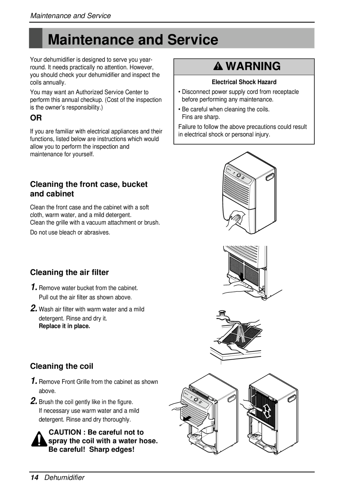 Heat Controller BHD-301 Maintenance and Service, Cleaning the front case, bucket and cabinet, Cleaning the air filter 