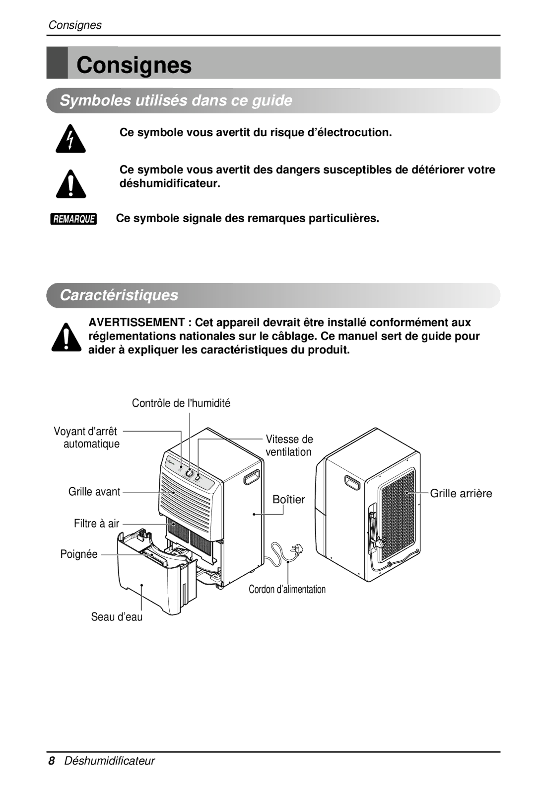 Heat Controller BHD-301 manual Consignes, Symboles utilisés dans ce guide, Caractéristiques, Ventilation, Grille arrière 