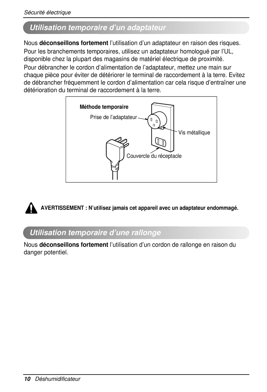 Heat Controller BHD-301 manual Utilisation temporaire d’un adaptateur, Utilisation temporaire d’une rallonge 