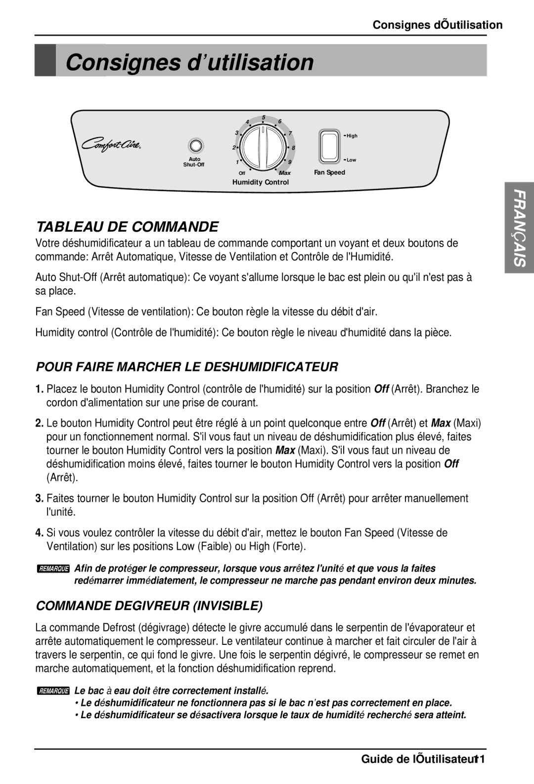 Heat Controller BHD-301 manual Consignes d’utilisation, Remarque Le bac à eau doit ê tre correctement installé 