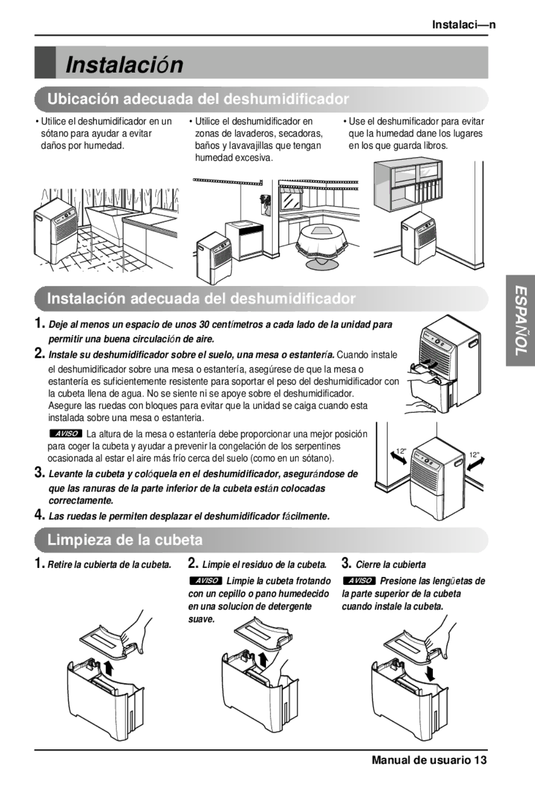 Heat Controller BHD-301 Instalació n, Ubicación adecuada del deshumidificador, Instalación adecuada del deshumidificador 