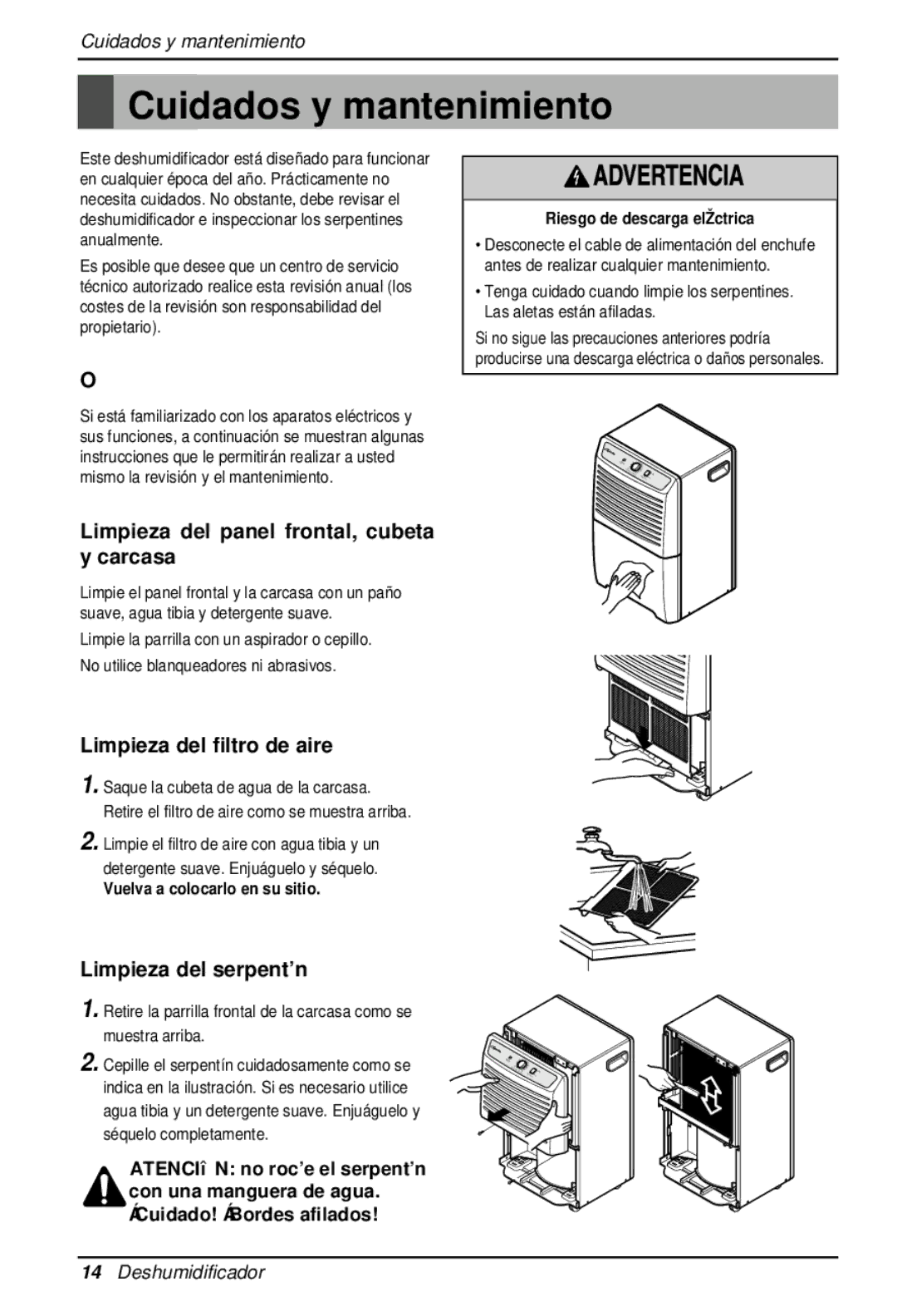 Heat Controller BHD-301 Cuidados y mantenimiento, Limpieza del panel frontal, cubeta y carcasa, Limpieza del serpentín 