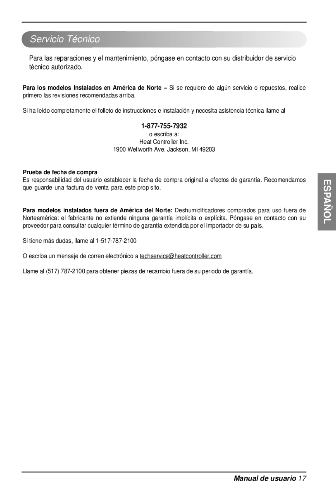 Heat Controller BHD-301 manual Servicio Técnico, Prueba de fecha de compra 