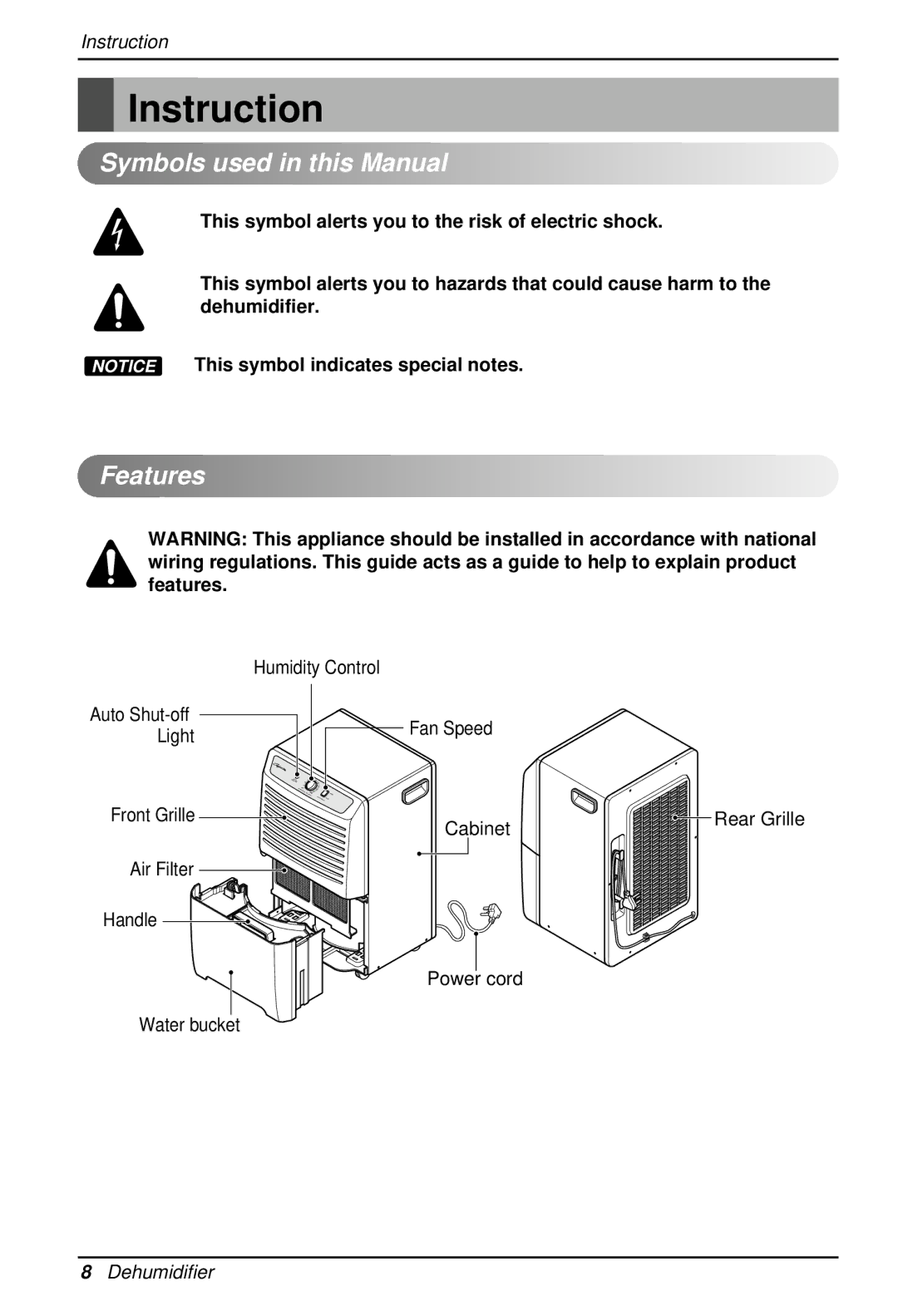 Heat Controller BHD-301 manual Instruction, Symbols used in this Manual, Features, Fan Speed, Rear Grille 