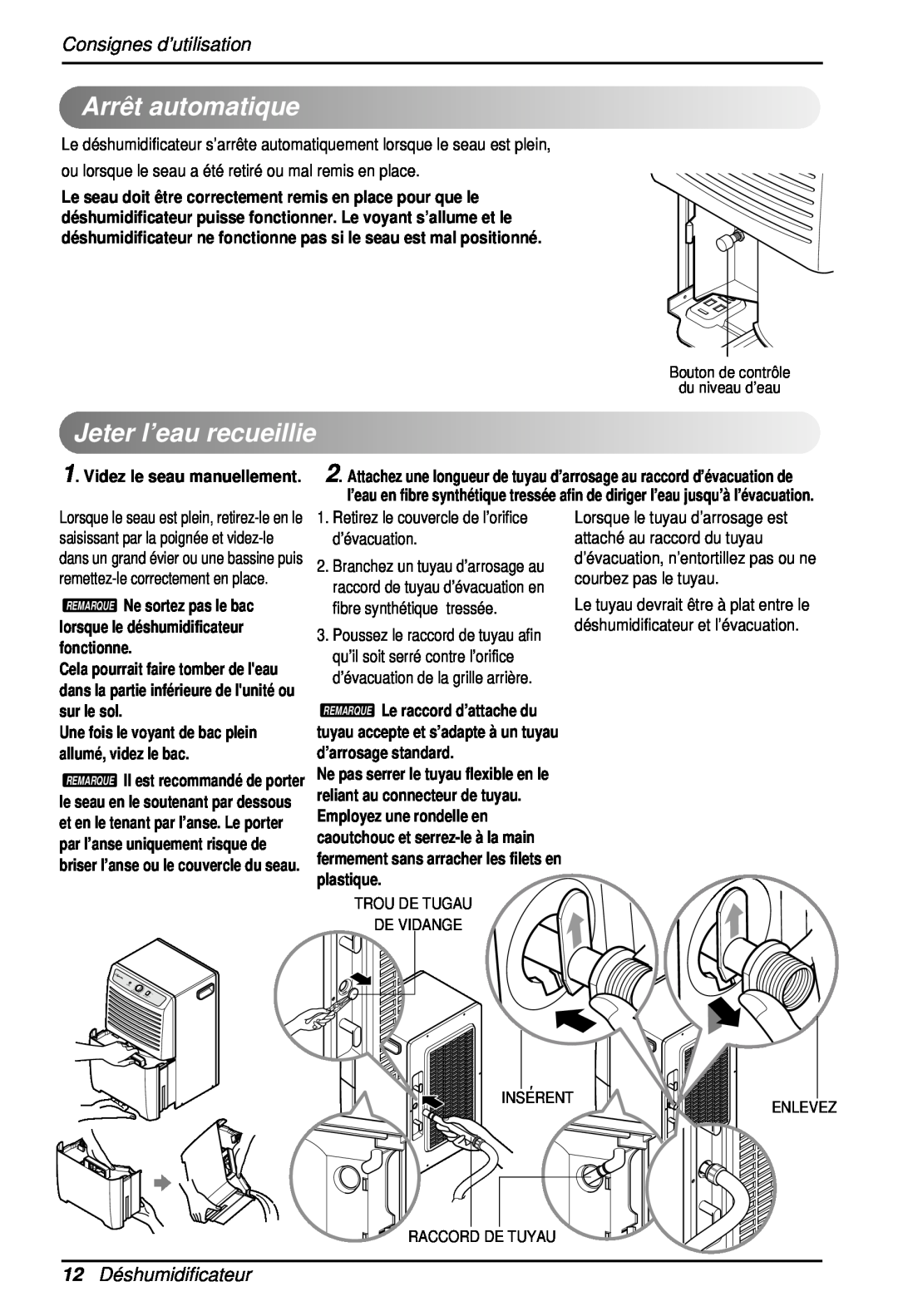 Heat Controller BHD-301 manual Arrêtautomatique, Jeterl’eaurecueillie, Consignes d’utilisation, 12Déshumidificateur 