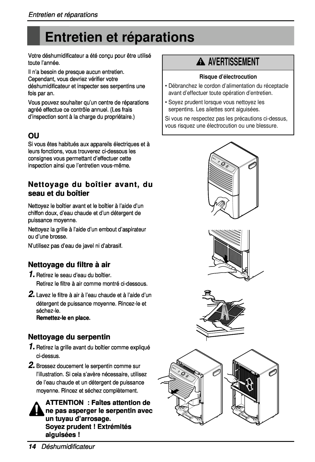 Heat Controller BHD-301 manual Entretien et ré parations, Avertissement, Entretien et réparations, 14Déshumidificateur 