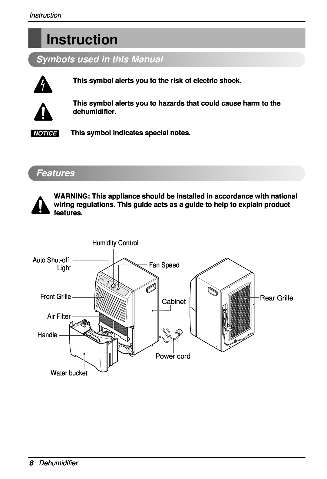 Heat Controller BHD-301 manual Instruction, SymbolsusedinthisManual, Features, 8Dehumidifier 