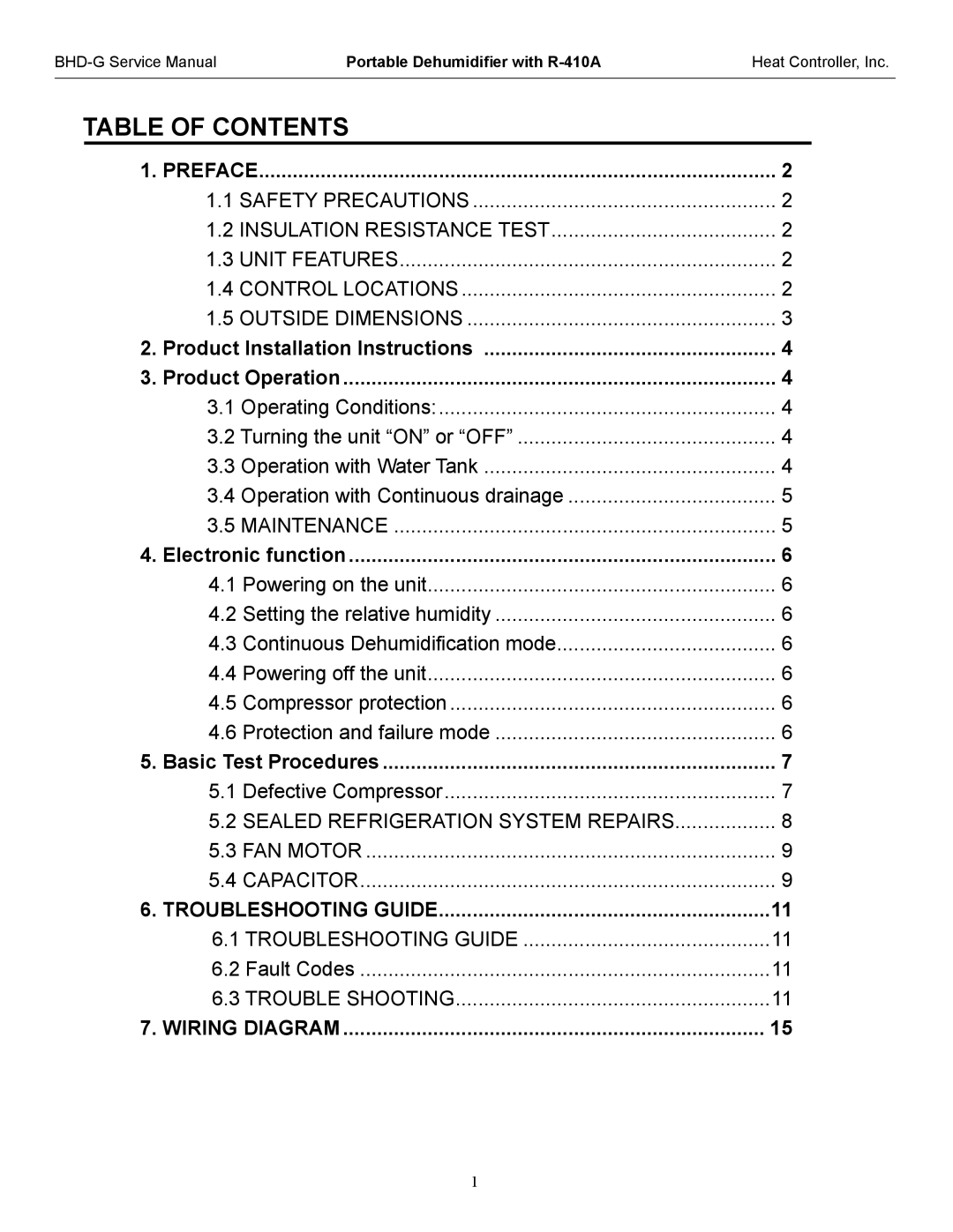 Heat Controller BHD-301-G, BHD-501-G, BHD-651-G service manual Table of Contents 