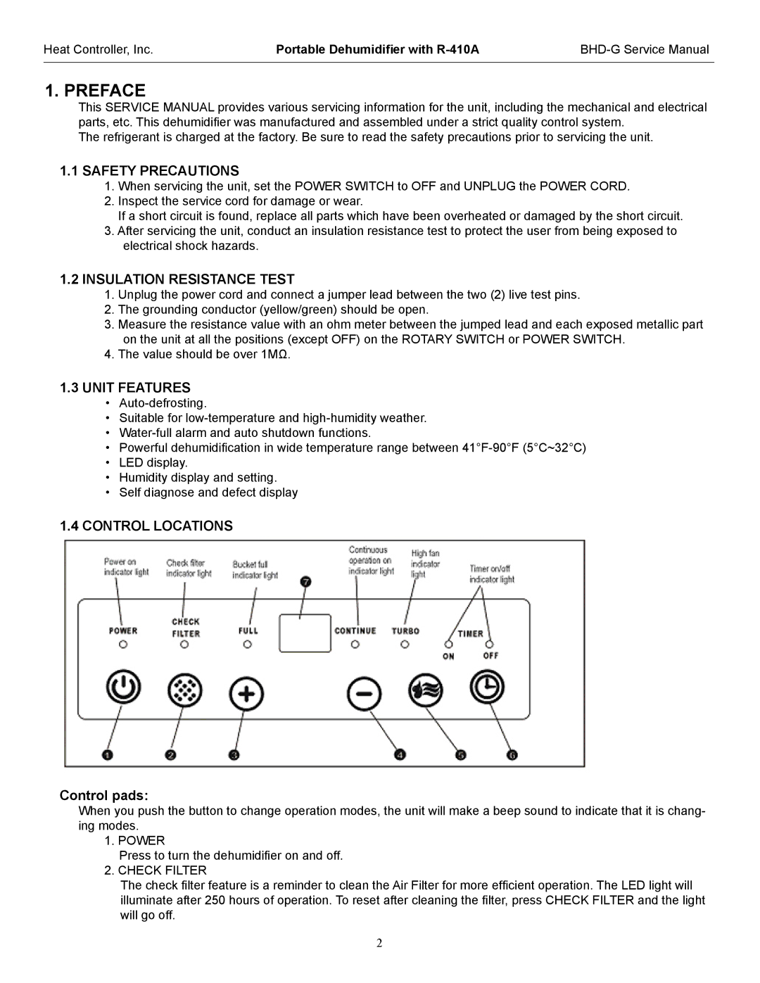 Heat Controller BHD-501-G, BHD-651-G Safety Precautions, Insulation Resistance Test, Unit Features, Control Locations 