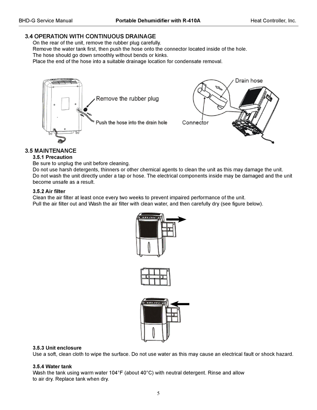 Heat Controller BHD-501-G, BHD-651-G, BHD-301-G service manual Operation with Continuous Drainage, Maintenance 